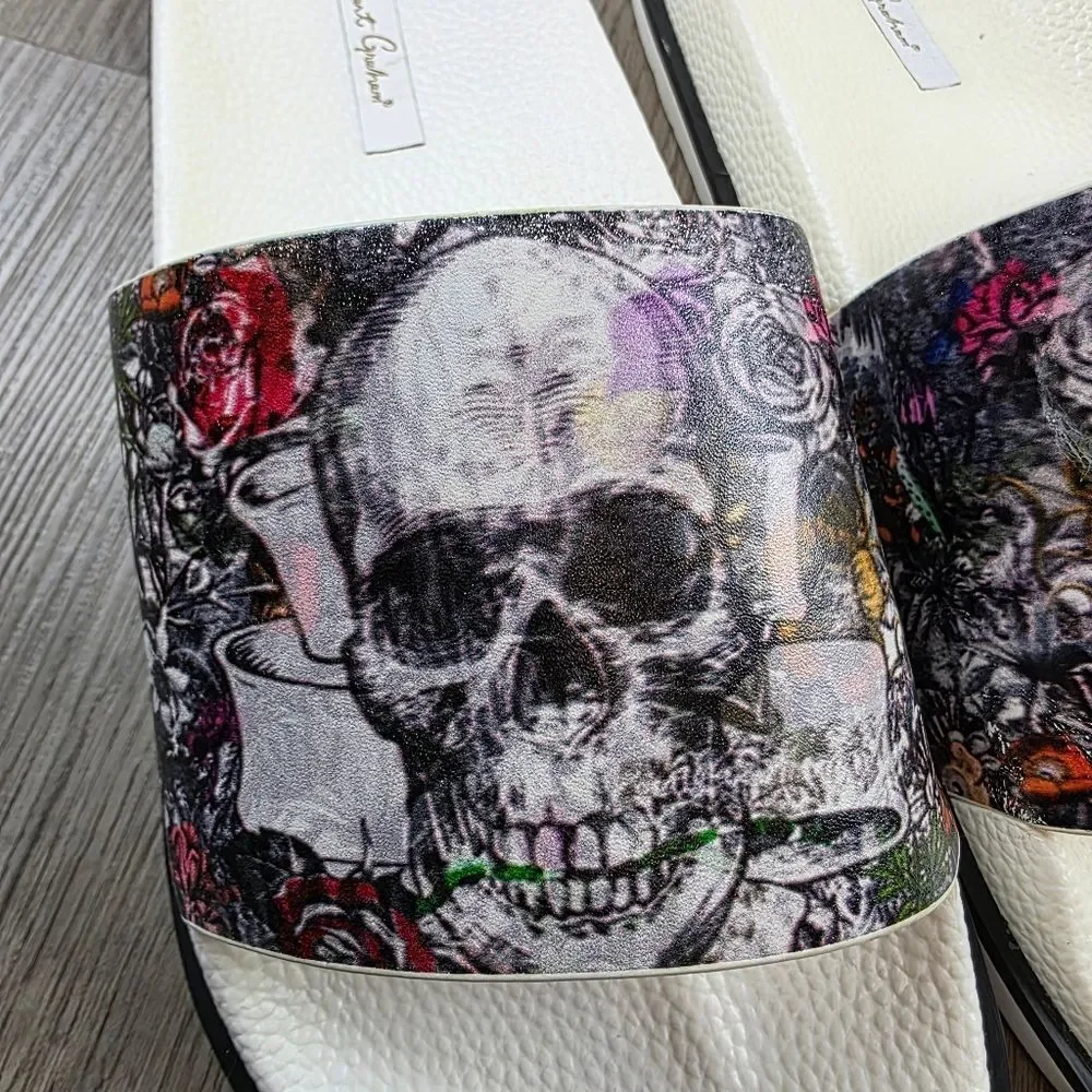 Robert Graham Whiterford Graphic Skull Leather Slides Size 9